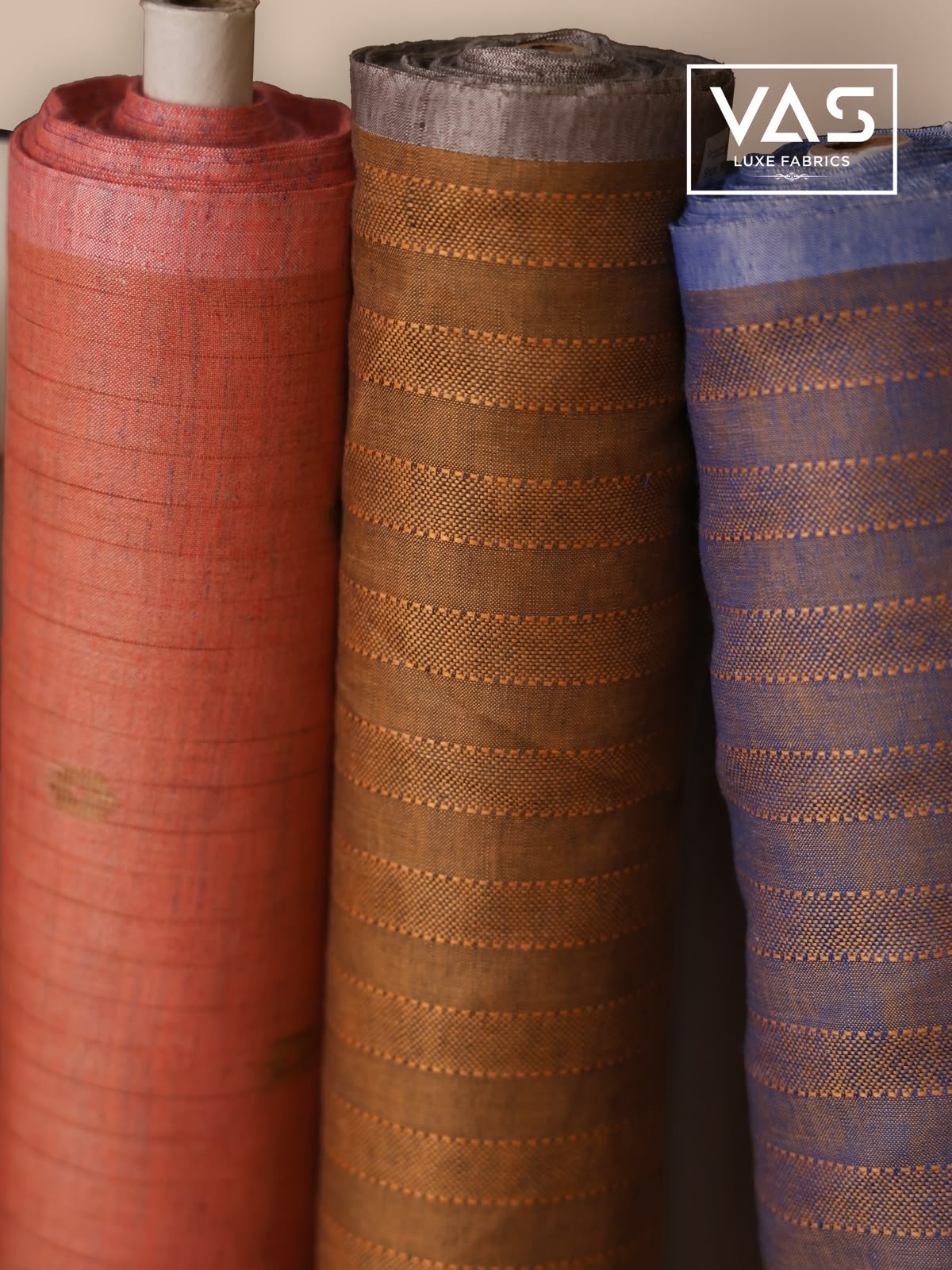 Rolled fabric bolts standing upright